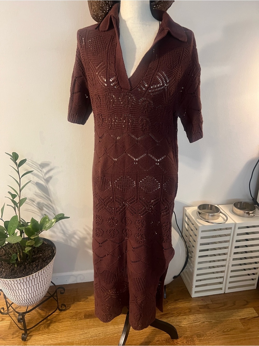 Free People Chocolate Brown Open-Knit Maxi Dress